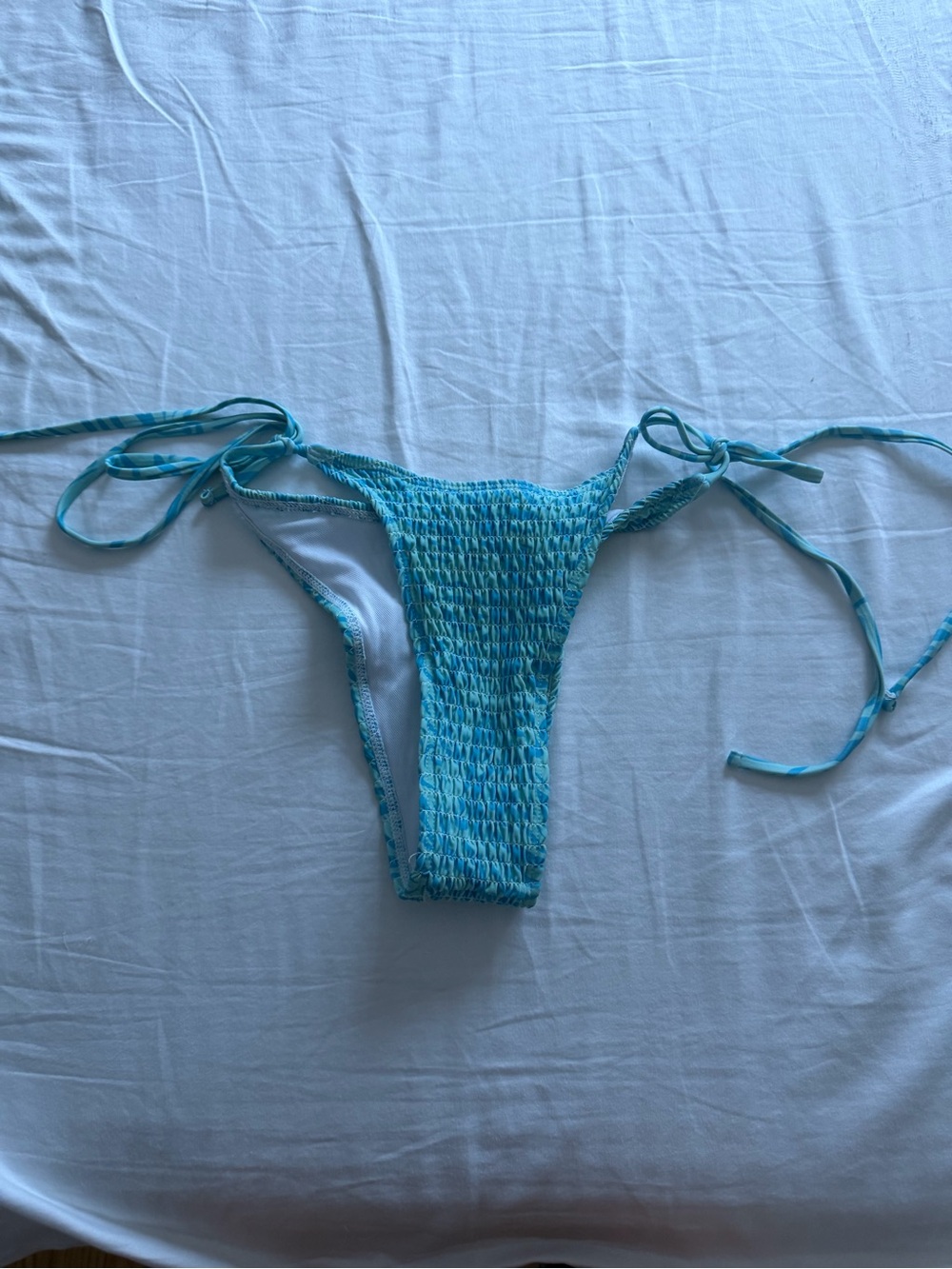 Smocked Tie-Side Bikini Bottom in Aqua Blue
